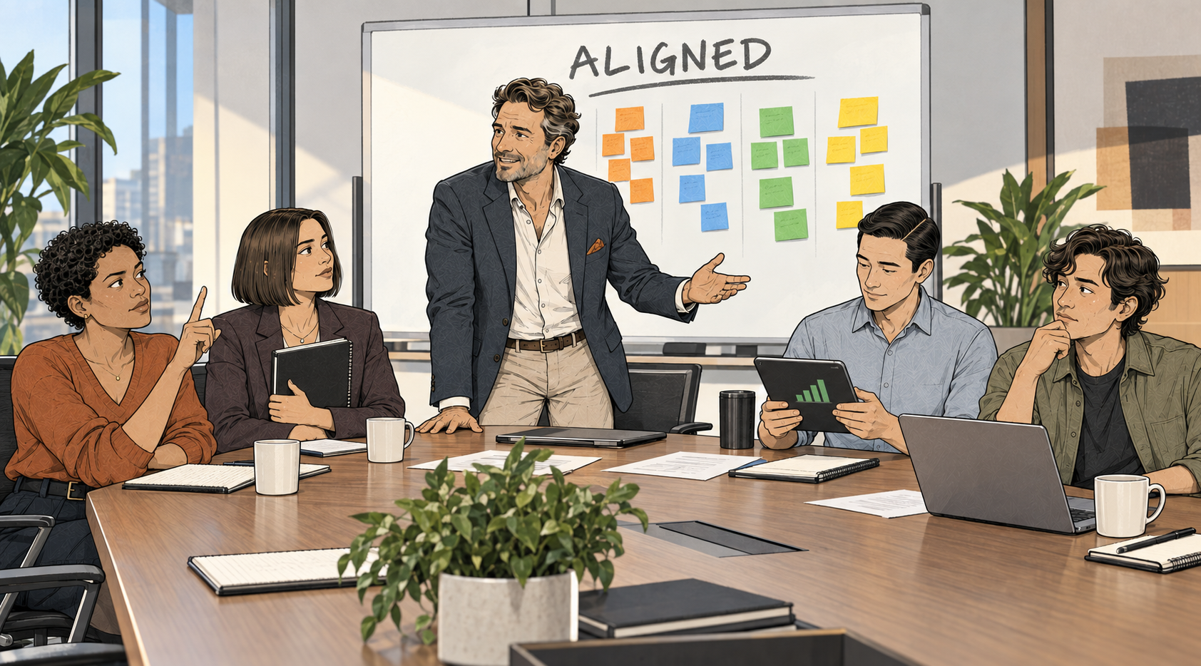 The Pre-Alignment Labs team gathered around a conference table after an alignment meeting