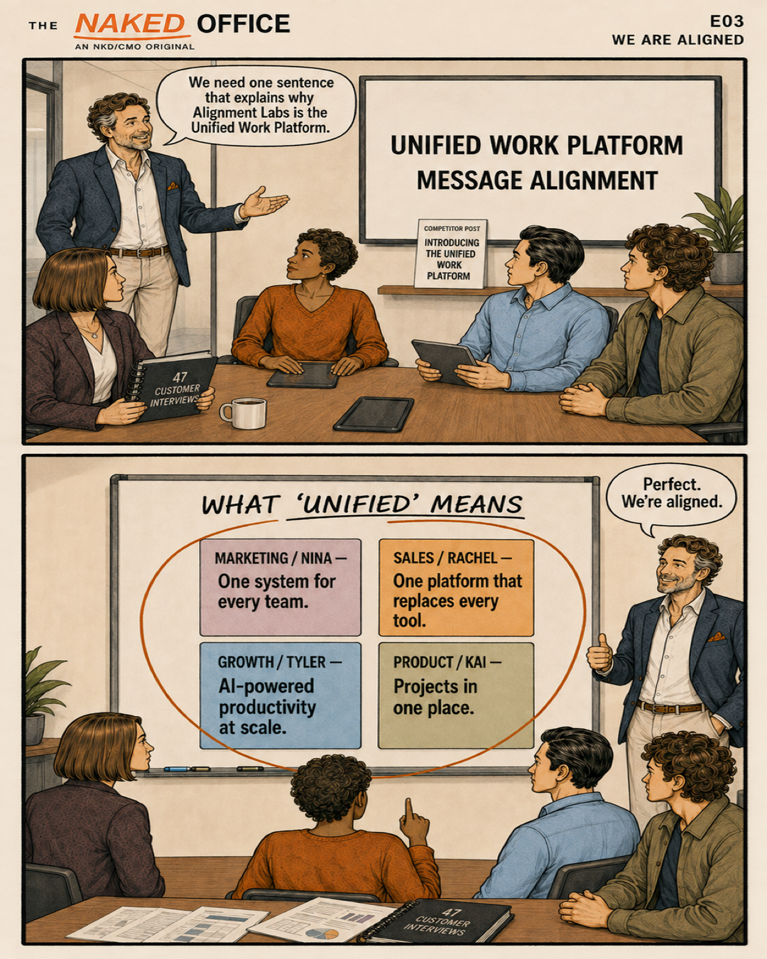 S1E03, We Are Aligned: Everyone agrees on the phrase and defines it differently.