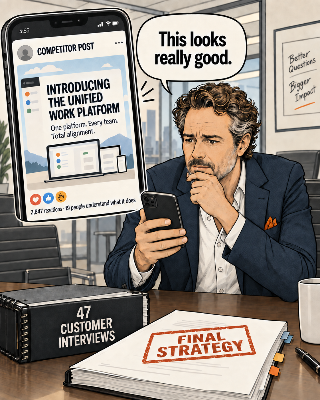 Max sees a competitor post announcing a unified work platform and thinks it looks really good, while the final strategy and 47 customer interviews sit on the table.